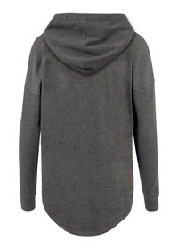 Gray hoodie made of soft fabric, featuring a relaxed fit, drop shoulders, and a rounded hem. Includes a standard hood at the back.