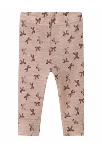 Lyse rosa leggings laget av mykt materiale, med et gjentatt brunt sl�øyfemønster, ribbede mansjetter ved anklene og en stretchy midjebånd.
