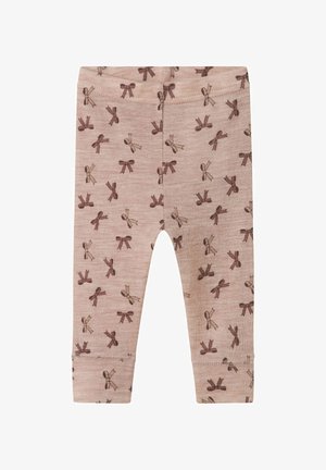 Lichtroze leggings van zacht materiaal met een herhaald bruin strikpatroon, voorzien van geribbelde boorden bij de enkels en een rekbare tailleband.