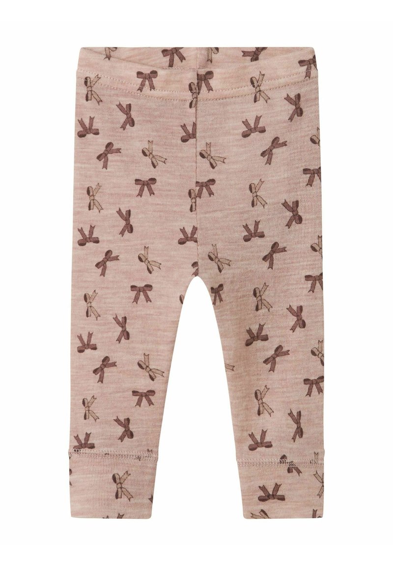 Lyse rosa leggings laget av mykt materiale, med et gjentatt brunt sløyfemønster, ribbede mansjetter ved anklene og en stretchy midjebånd.