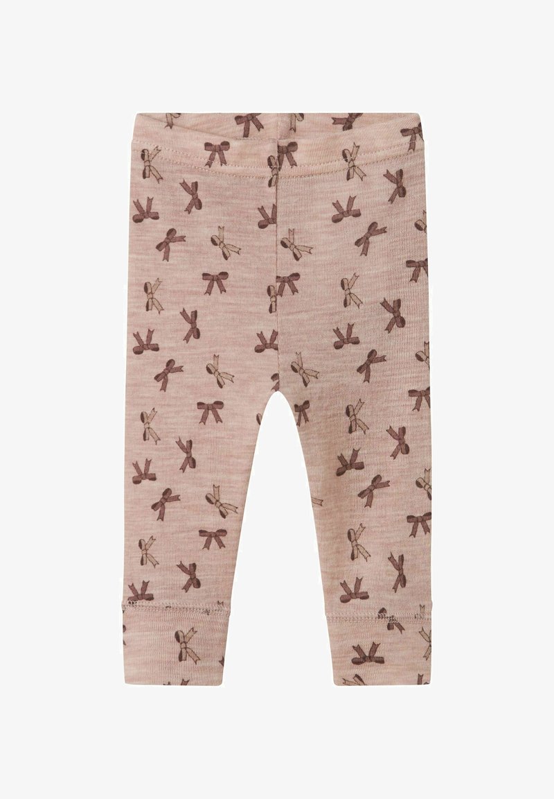 Light pink leggings made of soft material, featuring a repeated brown bow pattern, with ribbed cuffs at the ankles and a stretchy waistband.
