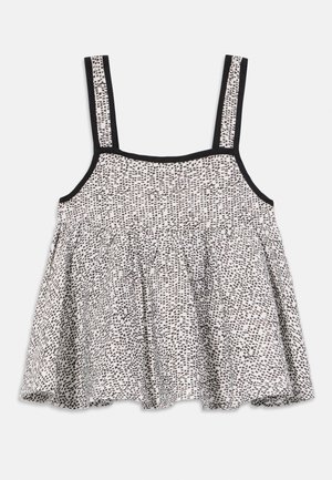 Haut sans manches avec de fines bretelles noires, en tissu blanc avec un motif brun éparpillé, et un ourlet évasé pour une coupe décontractée.