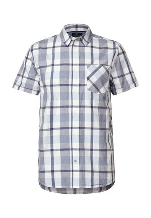 Short-sleeve plaid shirt in white, blue, and gray. Features a button-down collar and left chest pocket. Made of lightweight fabric.