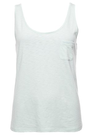 Weißes ärmelloses Tanktop mit Rundhalsausschnitt und kleinem Brusttasche auf der linken Seite, aus leichtem, strukturiertem Stoff.