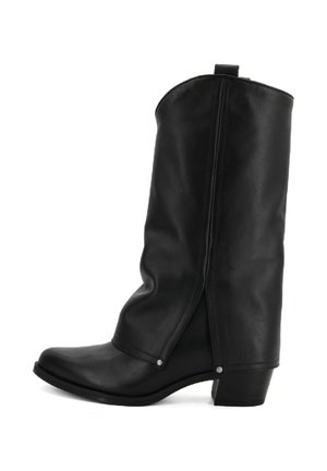 Schwarzer Leder-Cowboystiefel mit leicht spitz zulaufender Zehenpartie, mittlerer Schafthöhe und niedrigem, gestapeltem Absatz. Er zeichnet sich durch eine glatte Textur und seitliche Akzente aus.