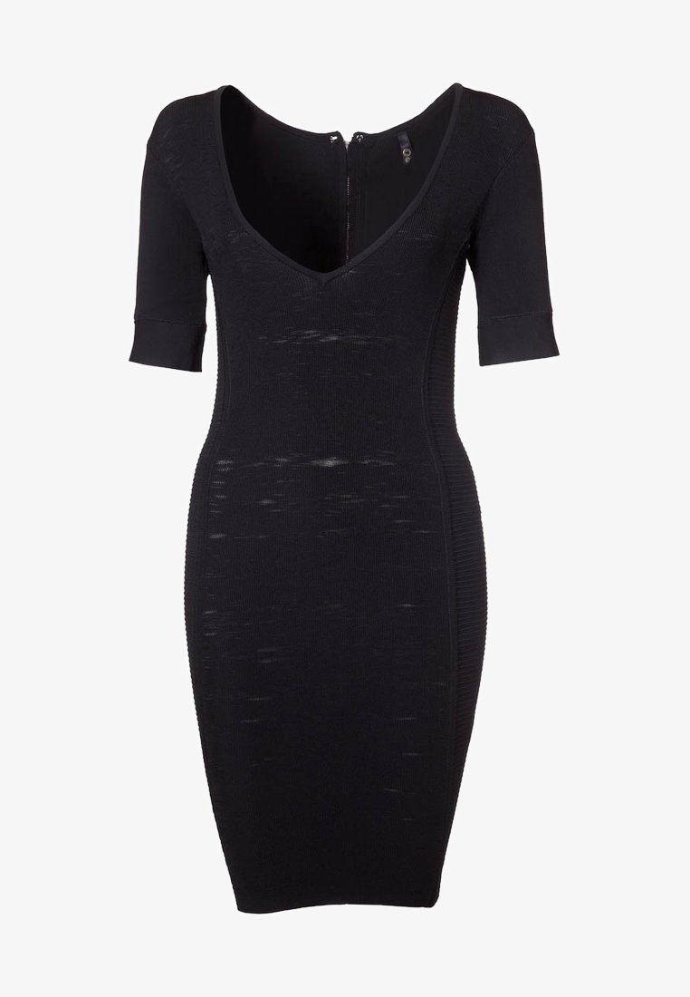 Robe noire cintrée longueur genou avec manches courtes, col dégagé profond et fermeture éclair visible au dos.