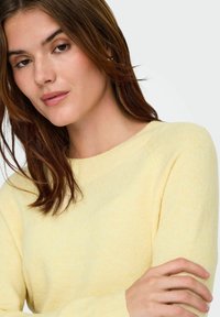 Pull en tricot jaune clair avec un col rond et des poignets côtelés, présentant une texture douce et une coupe décontractée.