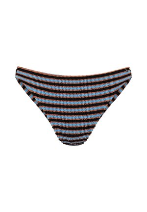 Dół od bikini w paski, z poziomymi czarnymi, niebieskimi i brązowymi paskami na białym tle.