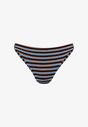 Dół od bikini w paski, z poziomymi czarnymi, niebieskimi i brązowymi paskami na białym tle.