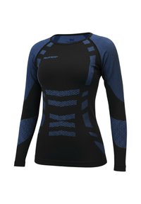 Long-sleeve athletic shirt in black with blue patterned accents and textured panels, featuring a round neckline and form-fitting design.