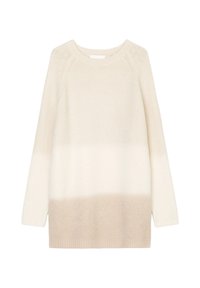 Lichtgewicht, gebreide trui met een ronde hals. Heeft een verloop van crème naar beige bij de zoom, lange mouwen en geribbelde boorden.