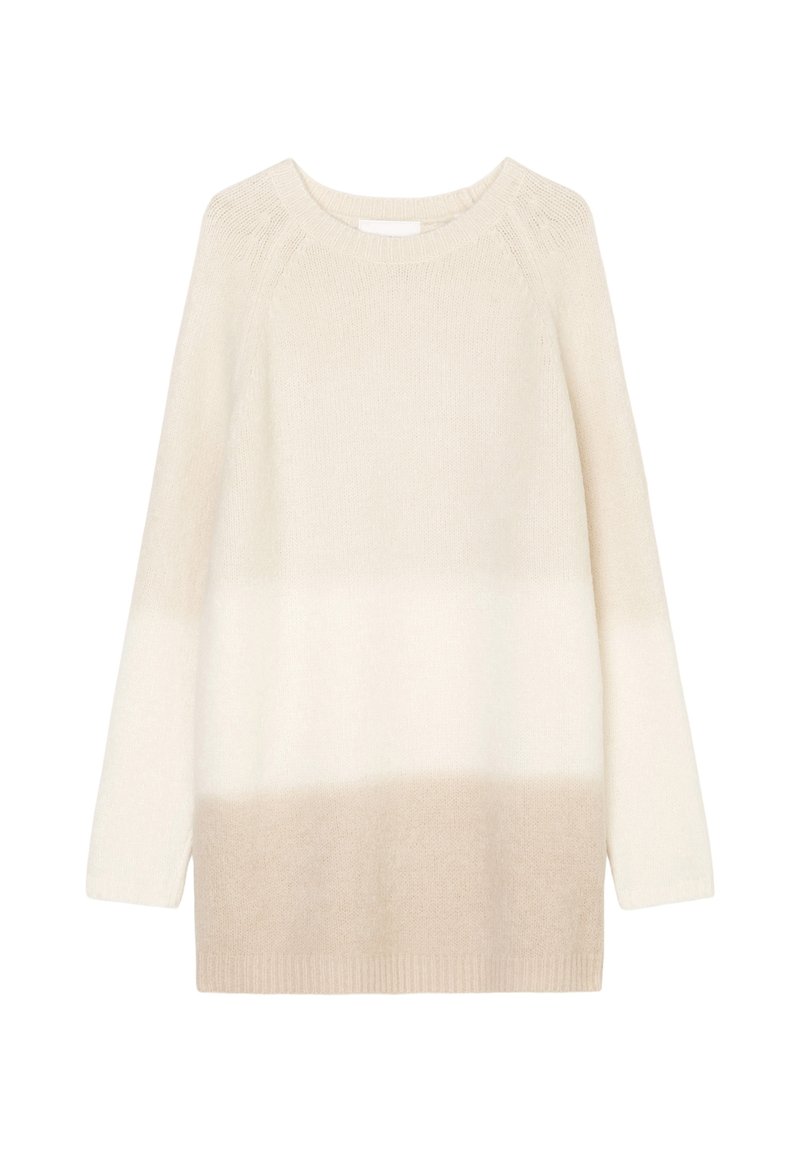 Lichtgewicht, gebreide trui met een ronde hals. Heeft een verloop van crème naar beige bij de zoom, lange mouwen en geribbelde boorden.