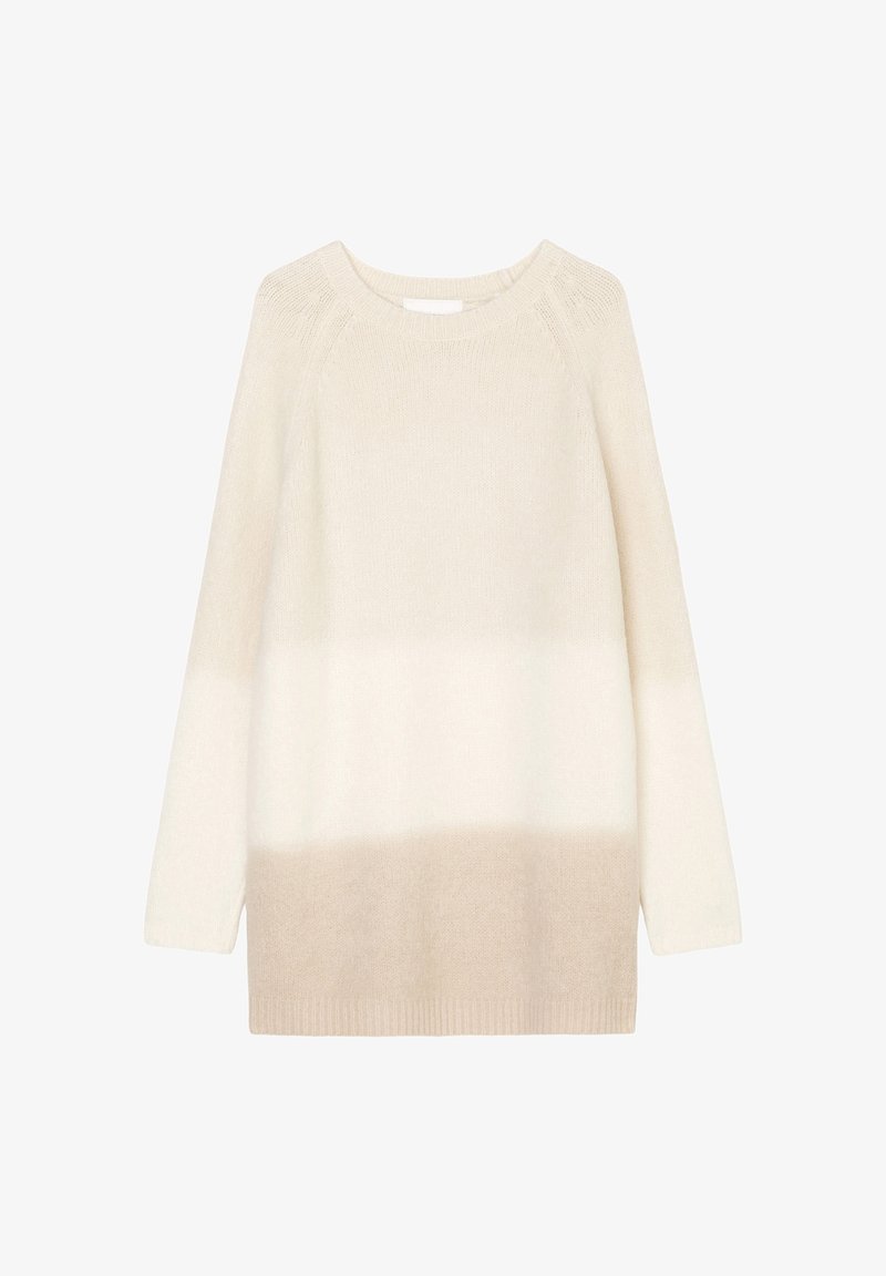 Lichtgewicht, gebreide trui met een ronde hals. Heeft een verloop van crème naar beige bij de zoom, lange mouwen en geribbelde boorden.