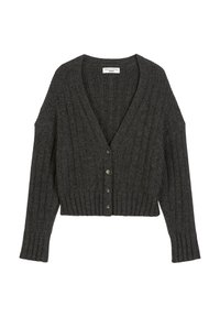 Donkergrijze geribde cardigan met een diepe V-hals, vijf knopen aan de voorkant en lange mouwen. De zoom is aansluitend en textuur. 