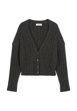 Dunkelgrauer Rippstrick-Cardigan mit tiefem V-Ausschnitt, fünf Knöpfen auf der Vorderseite und langen Ärmeln. Der Saum ist tailliert und strukturiert.