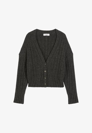 Dunkelgrauer Rippstrick-Cardigan mit tiefem V-Ausschnitt, fünf Knöpfen auf der Vorderseite und langen Ärmeln. Der Saum ist tailliert und strukturiert.