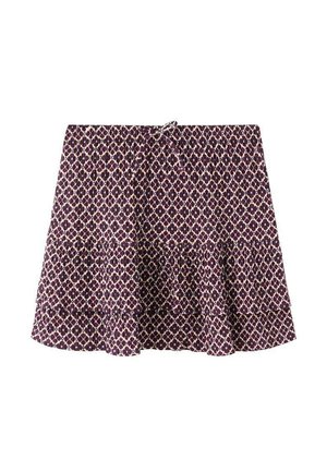 Jupe évasée en prune profond avec un design de volants superposés. Présente un motif géométrique crème et un lien de ceinture ajustable.