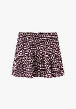 Schwingender Rock in tiefem Pflaumenfarbton mit einem geschichteten Rüsche-Design. Verfügt über ein geometrisches Creme-Muster und einen verstellbaren Taillenband.