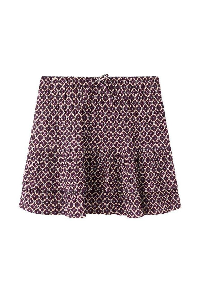 Rozširjena krila v globokem slivovem odtenku s plastno naborko. Ima geometrijski kremni vzorec in nastavljiv pas s trakom.