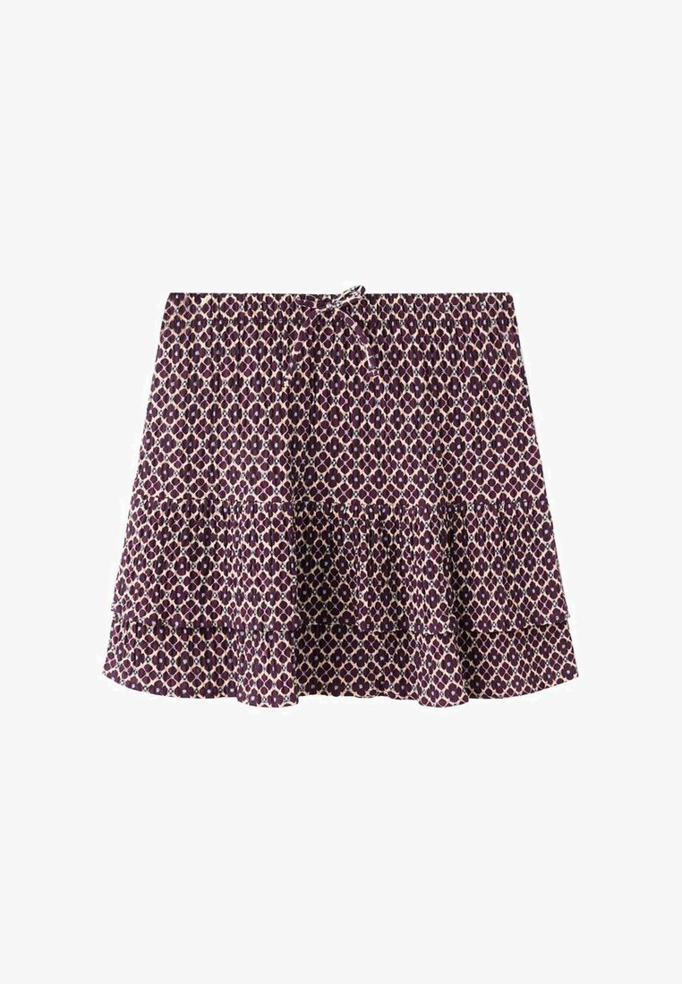 Rozširjena krila v globokem slivovem odtenku s plastno naborko. Ima geometrijski kremni vzorec in nastavljiv pas s trakom.