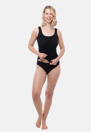 Black sleeveless tank top and matching bikini bottoms, made of smooth fabric, with a simple design and no visible patterns or hardware.