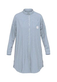 Camicia a righe blu e bianca. Presenta maniche lunghe, un colletto e una tasca sul petto con logo. Tessuto in misto cotone.