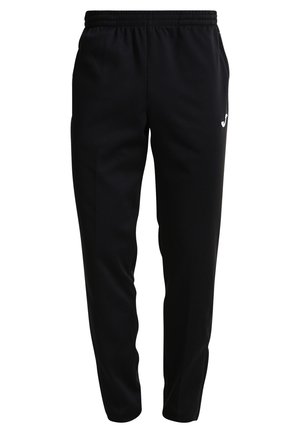 Black athletic pants with an elastic waistband, tapered fit, and side pockets. Features a small white logo on the left side.