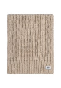 Bufanda de punto color beige con una textura acanalada. Presenta una forma rectangular y una pequeña etiqueta de la marca en la esquina inferior derecha.