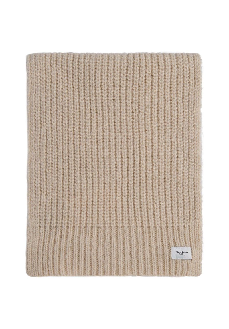 Bufanda de punto color beige con una textura acanalada. Presenta una forma rectangular y una pequeña etiqueta de la marca en la esquina inferior derecha.