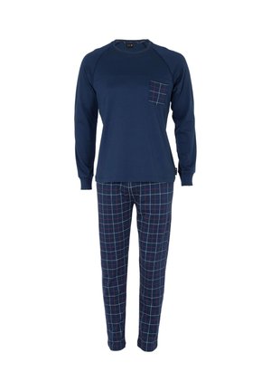 Maglietta a maniche lunghe blu navy con taschino sul petto; abbinata a pantaloni a quadri in blu navy, rosso e verde. Entrambi realizzati in tessuto morbido.