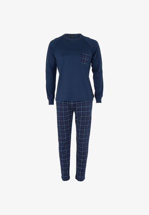 Maglietta a maniche lunghe blu navy con taschino sul petto; abbinata a pantaloni a quadri in blu navy, rosso e verde. Entrambi realizzati in tessuto morbido.