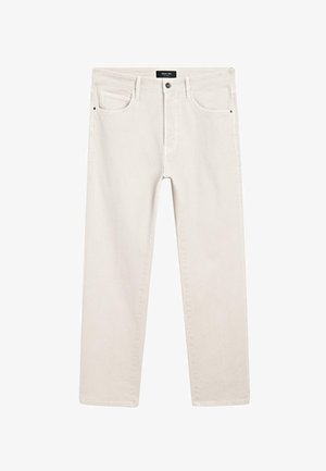 Jeans dritti di colore avorio con cinque tasche, chiusura con bottone, passanti per cintura e un'etichetta nera del marchio in vita.