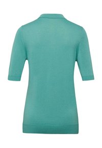 Türkise Kurzarm-Polohemd mit gestrickter Textur, geripptem Kragen und Bündchen, geradem Saum und ohne sichtbare Logos oder Muster.