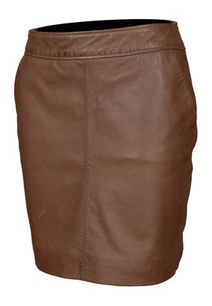 Brauner Lederrock mit glatter Textur, der ein tailliertes Design und einen elastischen Bund für zusätzlichen Komfort bietet. Schlichte und zeitlose Form.