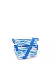 Borsa a spalla blu e bianca con motivo, realizzata in tessuto, dotata di una chiusura con zip, di una tracolla regolabile e di tasche aggiuntive con zip.