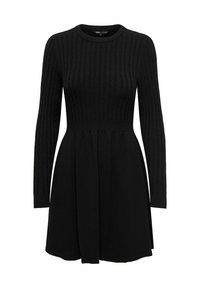 Robe pull noire avec des manches longues, motif tricot texturé, col rond, corsage ajusté et jupe évasée. Fini lisse avec des détails subtils.