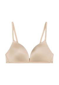 Soutien-gorge beige lisse légèrement rembourré avec des bretelles fines réglables et un décolleté plongeant.
