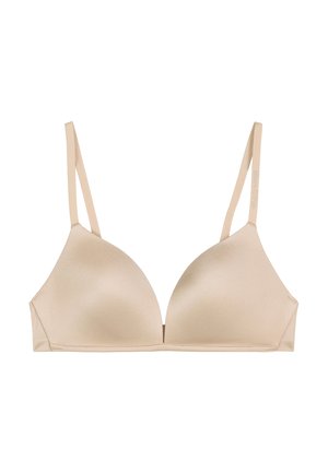 Beige glatter, leicht gepolsterter BH mit dünnen verstellbaren Trägern und einem tiefen Ausschnitt.