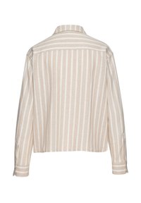 Camicia a maniche lunghe beige e bianca a righe con giromanica posteriore, polsini con bottone e vestibilità comoda. Tessuto morbido con una trama e un motivo sottili.