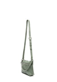 Grön läder crossbody-väska med justerbar rem, zippered framfick och mjuk yta. Kompakt design med minimalistisk elegans.