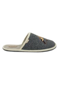 Gray felt slipper with cream trim, open back, and decorative embroidery on the vamp. Soft lining for comfort. Flat sole for indoor use.