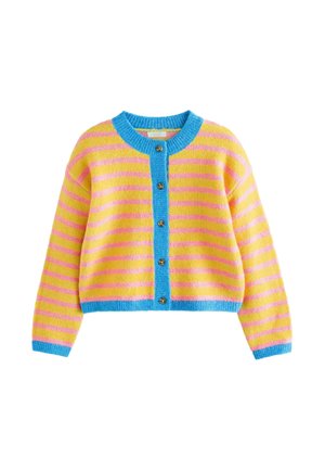 Buttoned cardigan with horizontal pink and yellow stripes, blue trim on collar, button line, cuffs, and hem.