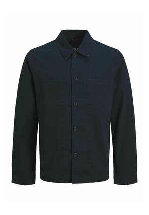 Donkerblauwe button-up jas van stof met een gladde textuur, met een kraag, twee voorzakken en een rechte snit.
