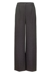 Pantalons larges en charbon avec un tissu texturé, présentant une taille haute, des plis avant et un ourlet soigné. Conviennent pour un style décontracté ou formel.