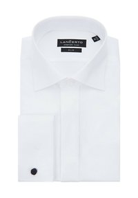 Biała koszula z długim rękawem o slim fit. Posiada klasyczny kołnierzyk, pojedynczy mankiet z czarnym guzikiem oraz gładką fakturę materiału.