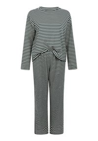 Gestreept lounge-outfit in donkergroen en wit. Lange mouwen top met een ronde halslijn, gecombineerd met bijpassende broek met elastische tailleband.