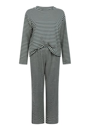 Ensemble de vêtements d'intérieur rayé en vert foncé et blanc. Haut à manches longues avec un col rond, accompagné de pantalons assortis avec ceinture élastique.