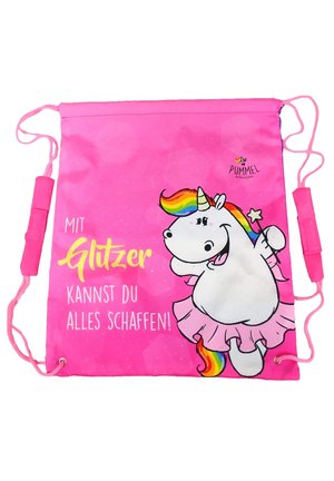 Rosa Zugbeutel mit einem Cartoon-Einhorn, das einen Tüllrock trägt, mit dem Text "Mit Glitzer kannst du alles schaffen!" in Gelb. Glatte Oberfläche.