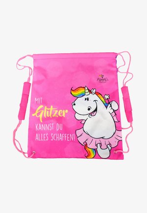 Borsa a sacco rosa con un unicorno dei cartoni animati che indossa un tutù, con il testo "Mit Glitzer kannst du alles schaffen!" in giallo. Texture liscia.