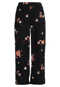 Pantalon floral noir avec une coupe ample et une taille haute. Le tissu a une texture lisse, orné de motifs de fleurs rouges et blanches.